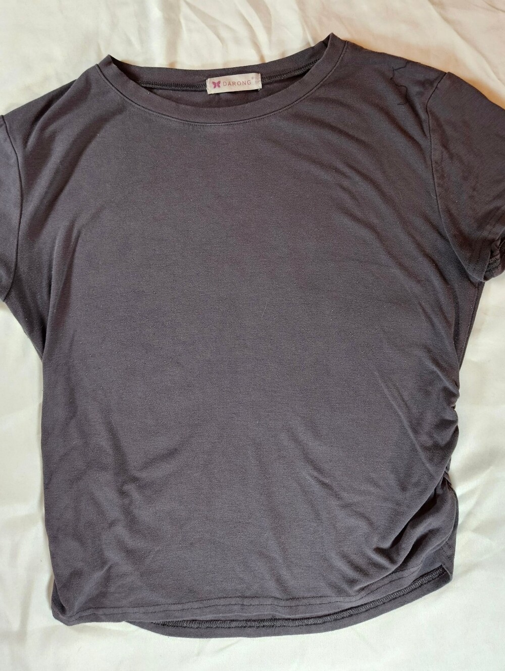 Darong Womens Gray Short Sleeve Ruched Sides Pullover Crewneck Top Suze Large